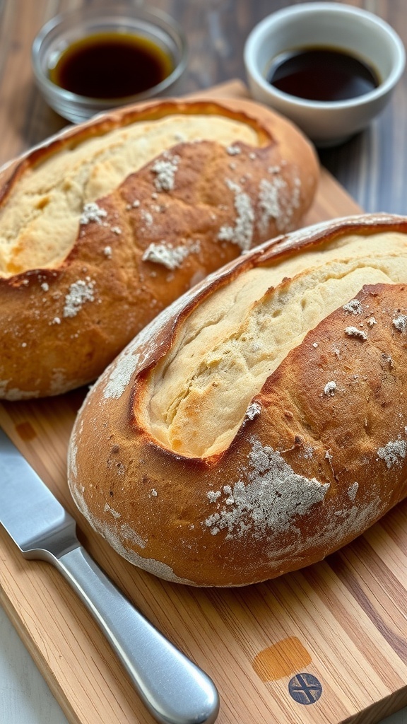 Classic Sourdough Bread Recipe for 3 Loaves Three loaves of golden-brown sourdough bread on a wooden board with a knife and dipping oil.
